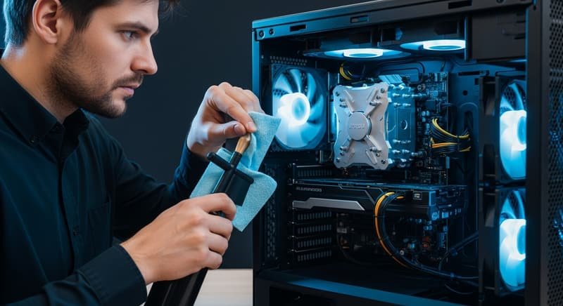 Técnico trabajando en equipo de cómputo y red