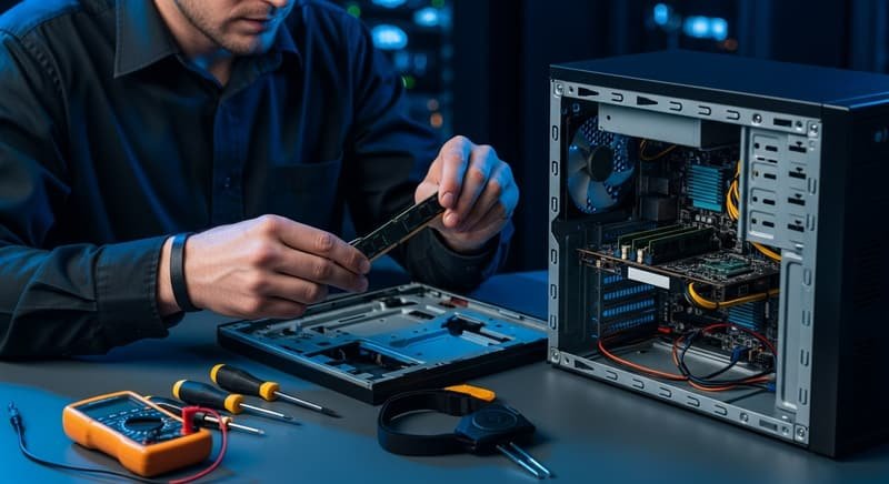 Técnico reparando los componentes de una computadora