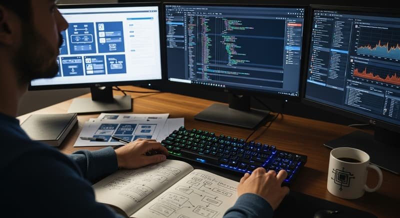 Desarrollador trabajando en el código de un sistema empresarial